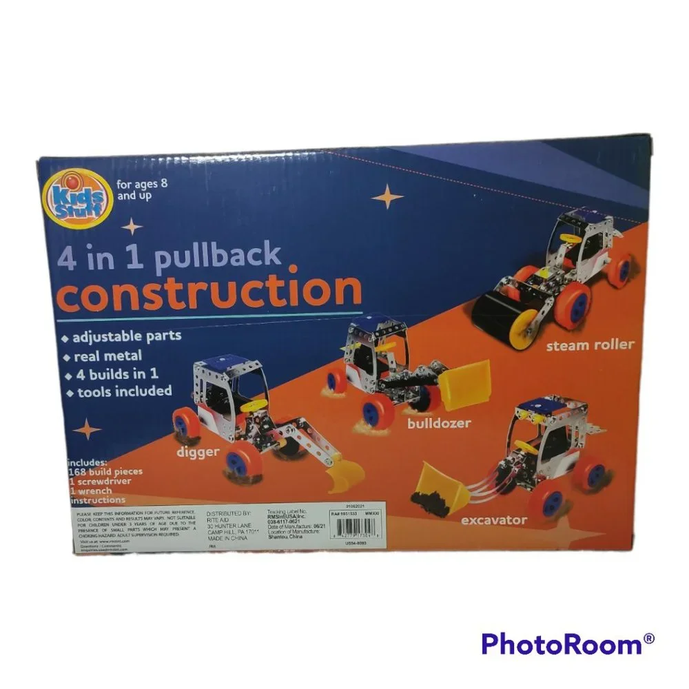 4 in 1 Pullback Construction Vehicle Building Kit 168 Pc Set Metal Tools Ages 8+
